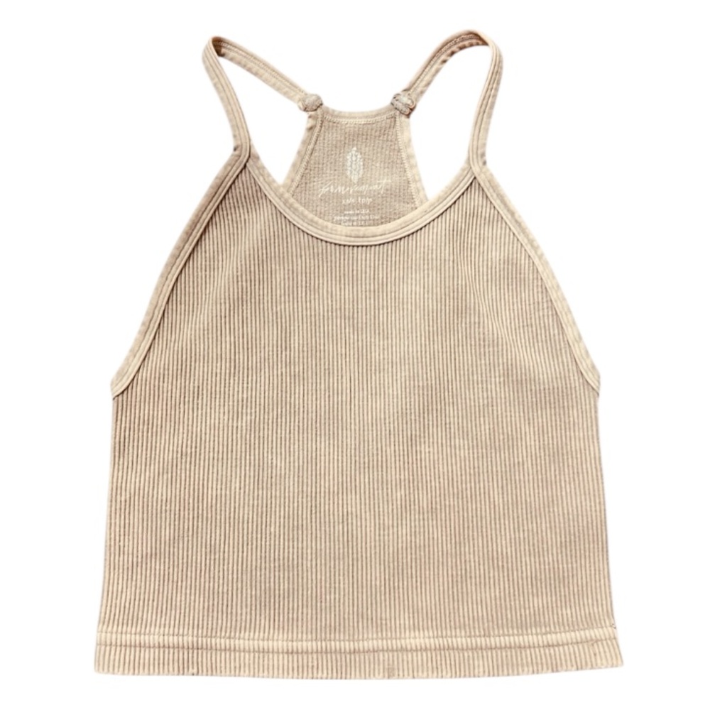 Free People Happiness Runs Tank Top with Logo on back Brushed Taupe Cream NWOT